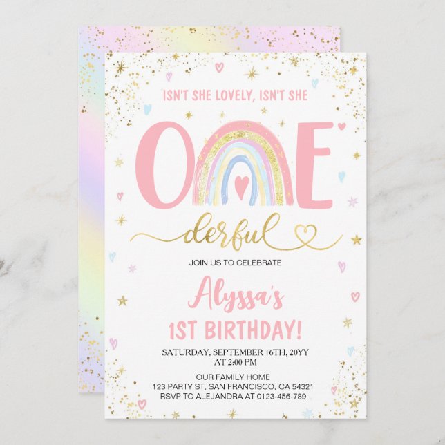 Invitation Aquarelle arc-en-ciel pastel fille 1er fête d'anni (Devant / Derrière)