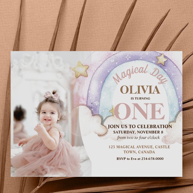 Invitation Aquarelle arc-en-ciel photo 1er anniversaire (Créateur téléchargé)