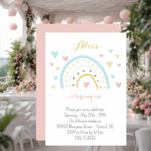 Invitation Aquarelle arc-en-ciel rose bleu 1er anniversaire