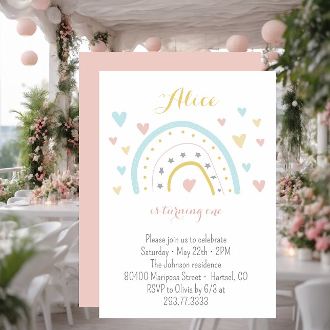 Invitation Aquarelle arc-en-ciel rose bleu 1er anniversaire (Créateur téléchargé)