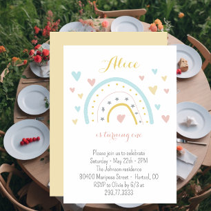 Invitation Aquarelle arc-en-ciel rose bleu 1er anniversaire