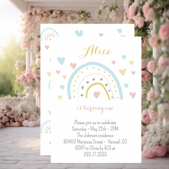 Invitation Aquarelle arc-en-ciel rose bleu 1er anniversaire (Créateur téléchargé)