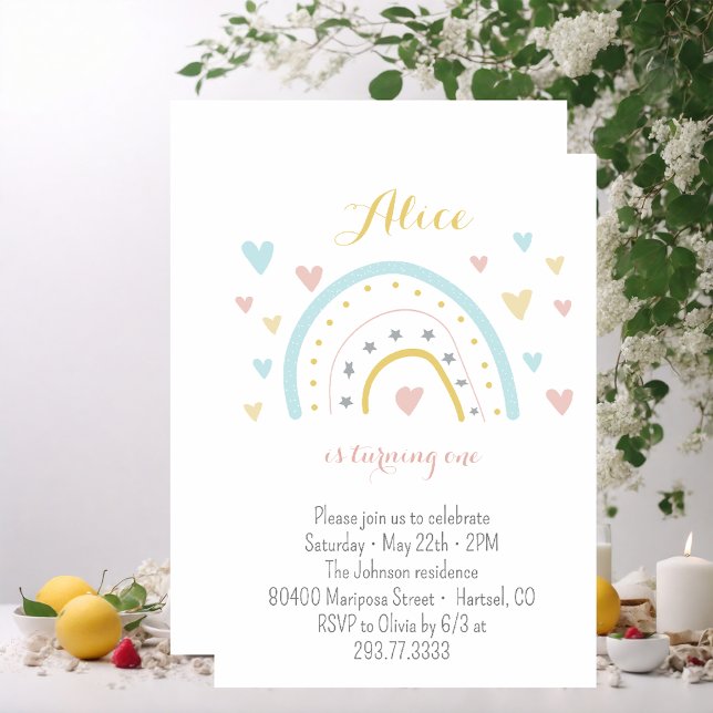 Invitation Aquarelle arc-en-ciel rose bleu 1er anniversaire (Créateur téléchargé)