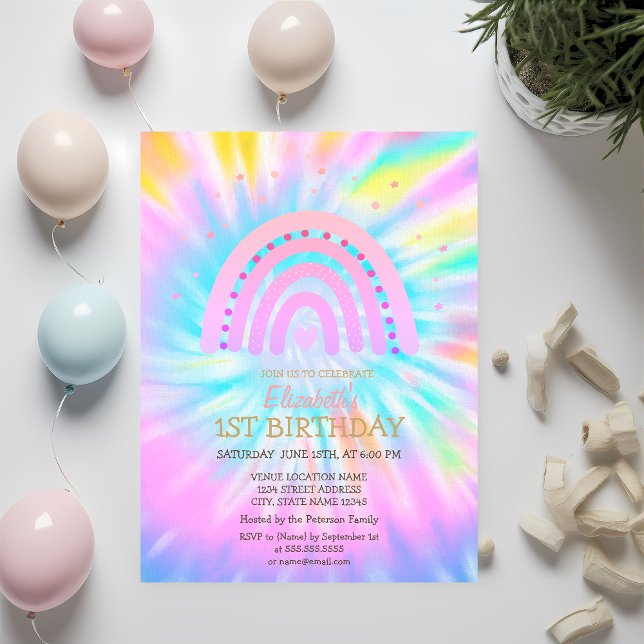 Invitation Aquarelle Arc-en-ciel Tie Dye Anniversaire (Créateur téléchargé)