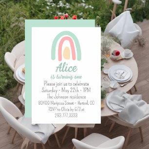 Invitation Aquarelle arc-en-ciel vert jaune 1er anniversaire