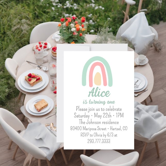 Invitation Aquarelle arc-en-ciel vert rose jaune 1er annivers (Créateur téléchargé)