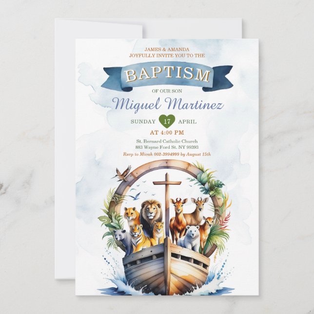 Invitation Aquarelle Arche de Noé Safari Croix Bois de Safari (Devant)
