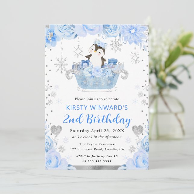 Invitation Aquarelle Arctic Penguin Floral 2e anniversaire (Debout devant)