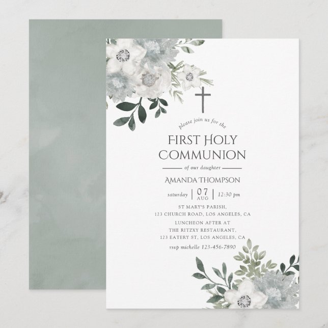 Invitation Aquarelle Argent Sage Floral First Holy Communion (Devant / Derrière)