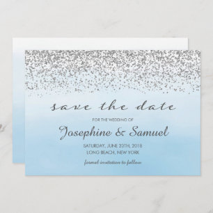 Invitation Aquarelle argentée et bleue Enregistrer la date