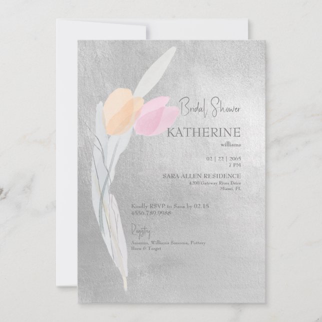 Invitation Aquarelle argentée Fête des mariées Tulipe rose (Devant)