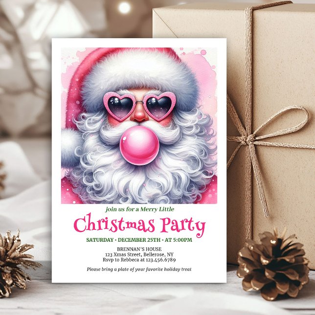 Invitation aquarelle au chewing-gum rose vif du Pè (Bright pink santa chewing gum watercolor invite card)