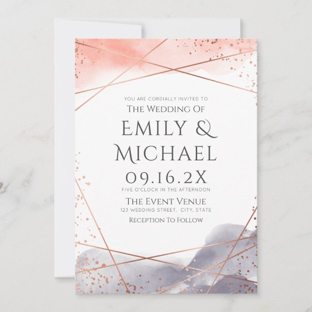 Invitation Aquarelle aurifère rose Mariage moderne géométriqu (Devant)