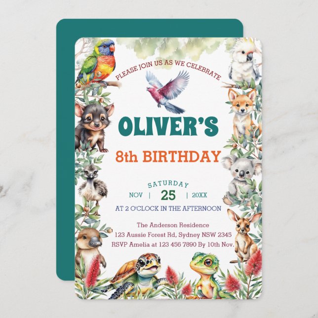 Invitation Aquarelle Australian Baby Animals Anniversaire (Devant / Derrière)