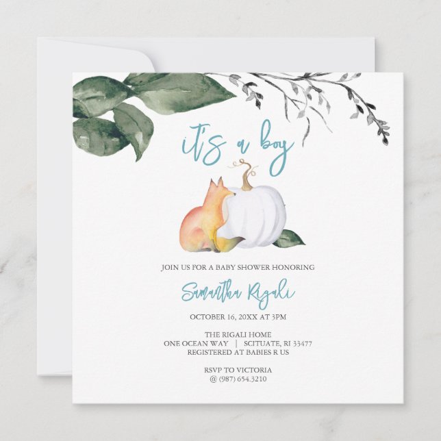 Invitation Aquarelle Automne Bois Baby Boy Douche (Devant)