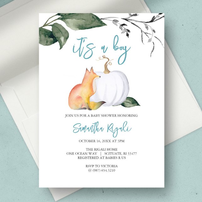 Invitation Aquarelle Automne Bois Baby Boy Douche (baby shower invitation fall boy fox white pumpkin)