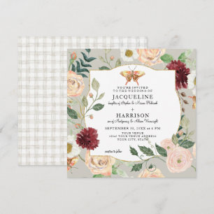 Invitation Aquarelle Automne Corail Floral Rose Papillon