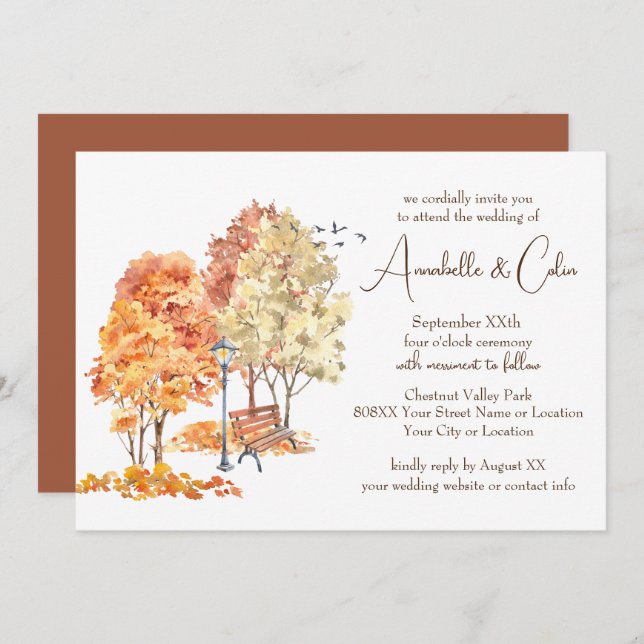 Invitation Aquarelle Automne dans le Mariage du parc (Devant / Derrière)