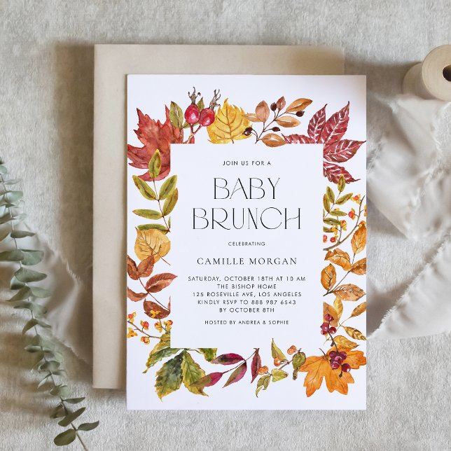 Invitation Aquarelle Automne Feuilles Cadre Automne Bébé Brun (Autumn Baby Brunch Invitation with Watercolor Foliage Frame)