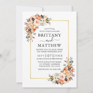 Invitation Aquarelle Automne Floral Gold Frame Mariage
