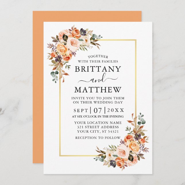 Invitation Aquarelle Automne Floral Gold Frame Mariage Peach (Devant / Derrière)