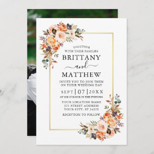 Invitation Aquarelle Automne Floral Photo Gold Frame Mariage