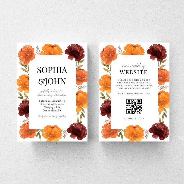 Invitation Aquarelle Automne Floral QR Code Tout en un Mariag (Créateur téléchargé)