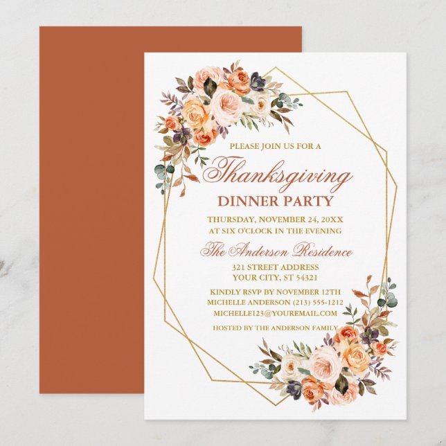 Invitation Aquarelle Automne Floral Thanksgiving Party (Devant / Derrière)