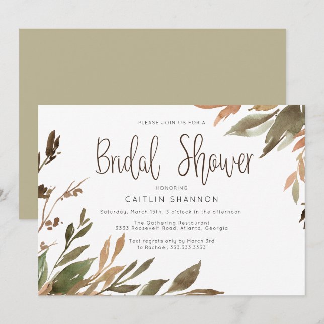 Invitation Aquarelle automne verdure nuptiale douche Invitati (Devant / Derrière)