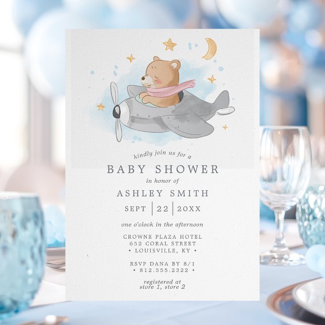 Invitation Aquarelle Avion Ours Cute Boys Baby shower (Créateur téléchargé)