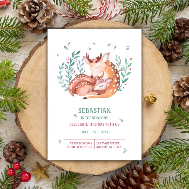 Invitation Aquarelle Baby Deer Bembi et mère 1er anniversaire (Watercolor Baby Deer Bembi and Mother 1st Birthday Invitation)