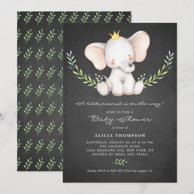 Invitation Aquarelle Baby Elephant Chalkboard Baby shower (Devant / Derrière)