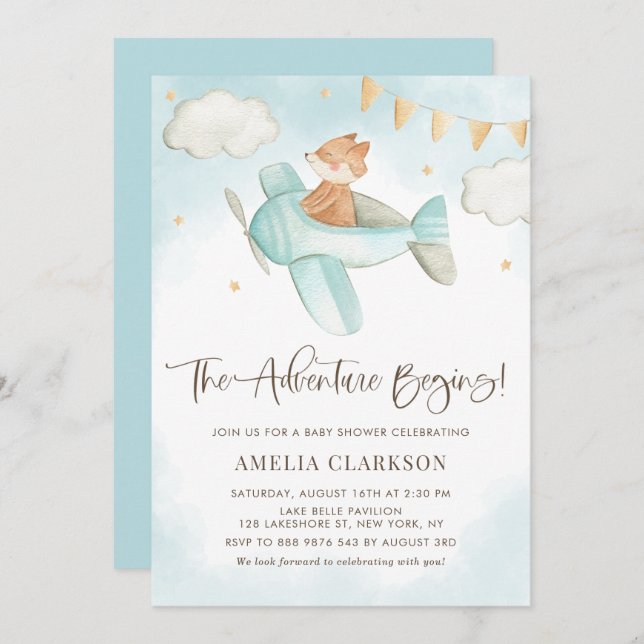 Invitation Aquarelle Baby Fox avion Baby shower bleu (Devant / Derrière)