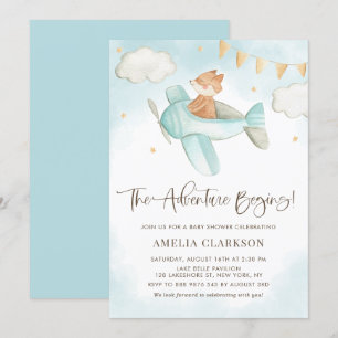 Invitation Aquarelle Baby Fox avion Baby shower bleu
