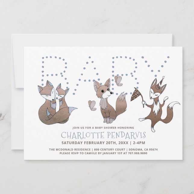 Invitation Aquarelle Baby Foxes Baby shower Brown bleu (Devant)