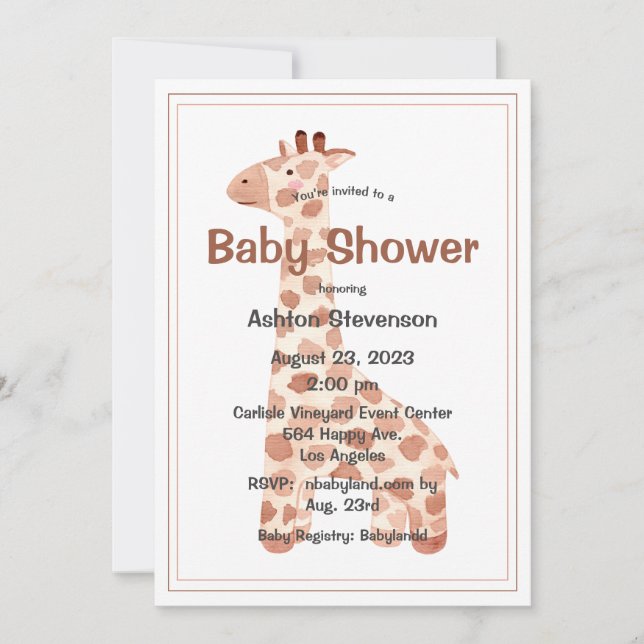 Invitation Aquarelle Baby Giraffe Baby shower simple (Devant)