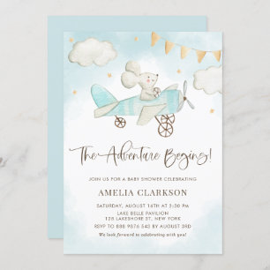 Invitation Aquarelle Baby Mouse Avion Baby shower bleu