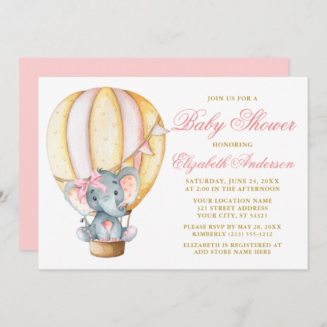 Invitation Aquarelle Baby shower à ballon d'air Elephant Bow (Devant / Derrière)