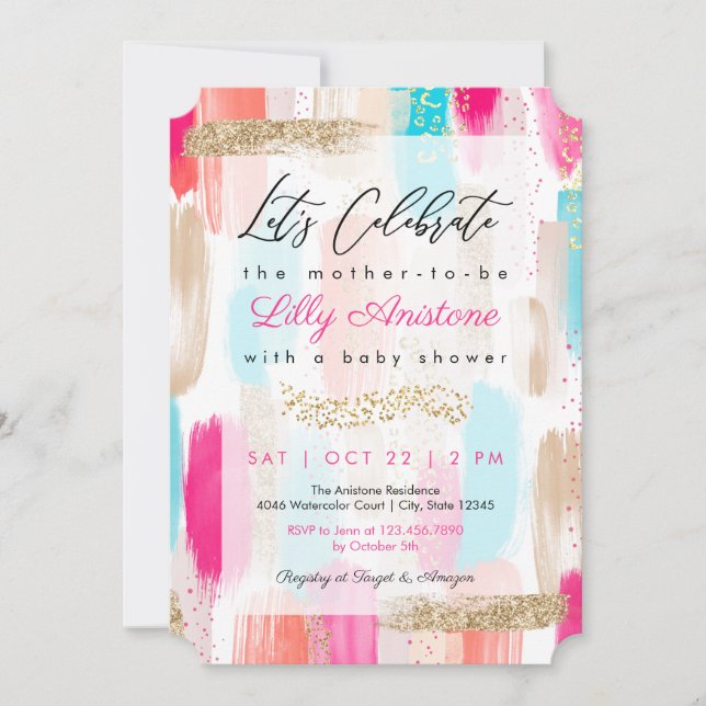 Invitation Aquarelle Baby shower Abstrait de pointes de bross (Devant)