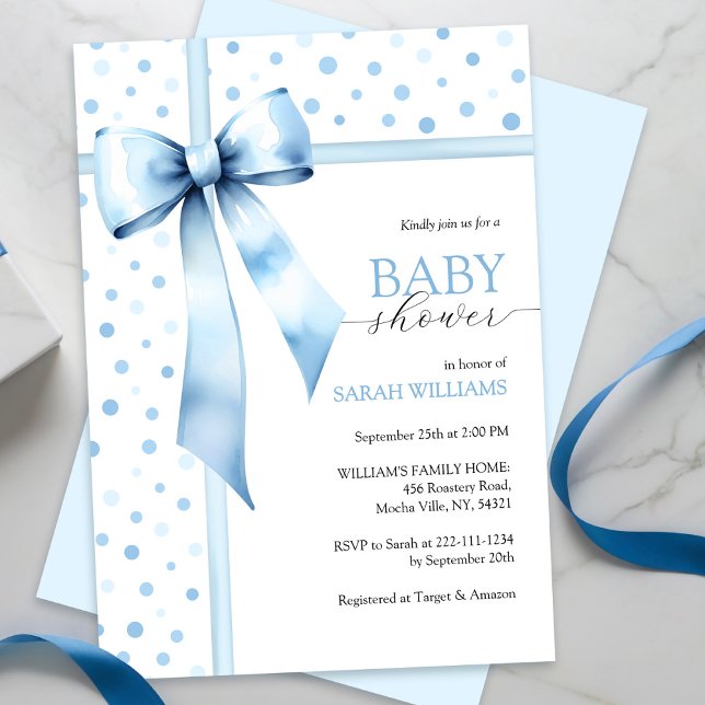 Invitation Aquarelle Baby shower bleu Bow Bow (Créateur téléchargé)