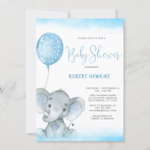 Invitation Aquarelle Baby shower Blue Elephant Boy