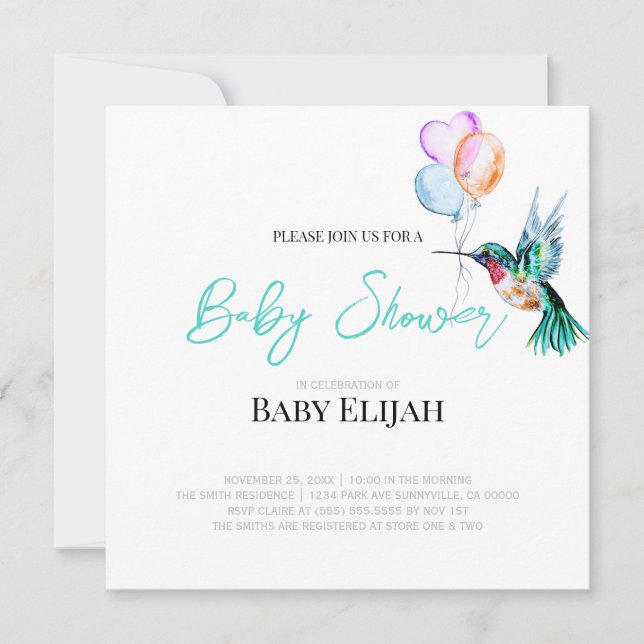 Invitation Aquarelle Baby shower colibri et ballons (Devant)