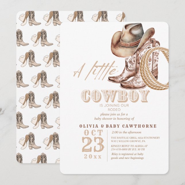Invitation Aquarelle Baby shower Cowboy Russe (Devant / Derrière)