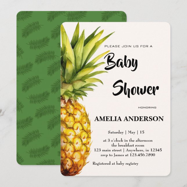 Invitation Aquarelle Baby shower d'ananas tropical (Devant / Derrière)