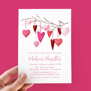 Invitation Aquarelle Baby shower de branche rose et rouge coe