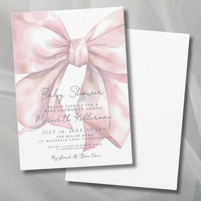 Invitation Aquarelle Baby shower de cabot rose (Watercolor Pink Bow Baby Shower Invitation)