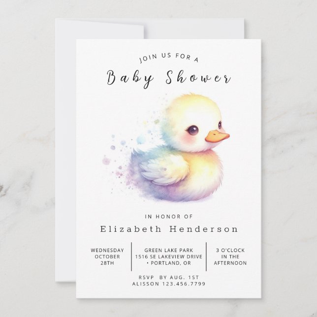 Invitation Aquarelle Baby shower de canard imprimable (Devant)