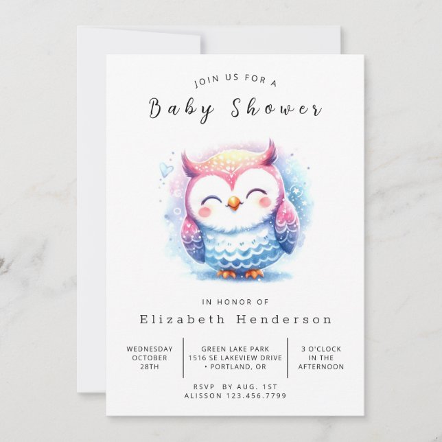 Invitation Aquarelle Baby shower de chouette imprimable (Devant)