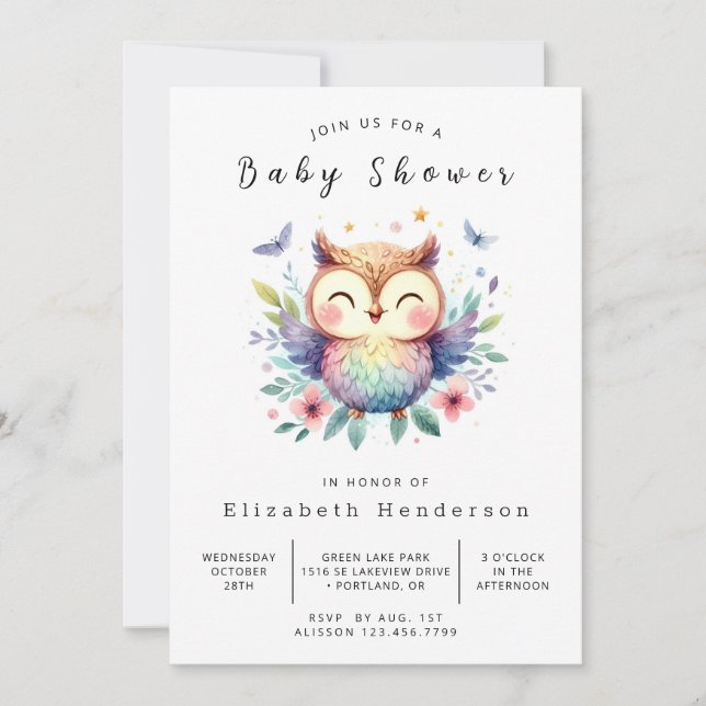 Invitation Aquarelle Baby shower de chouette imprimable (Devant)