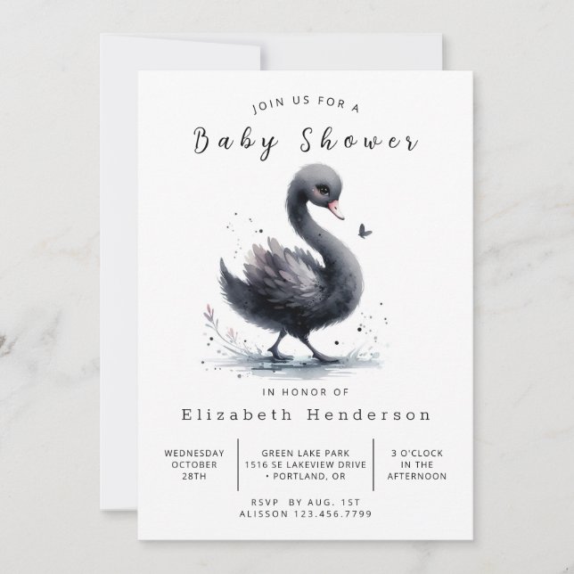 Invitation Aquarelle Baby shower de cygne imprimable (Devant)